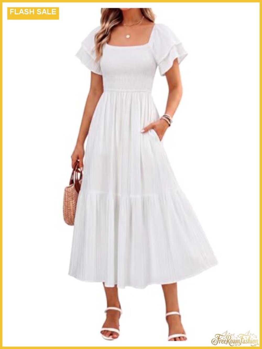 Women's Square Neck Smocked Midi Dress - Short Sleeve Off Shoulder Ruffle High